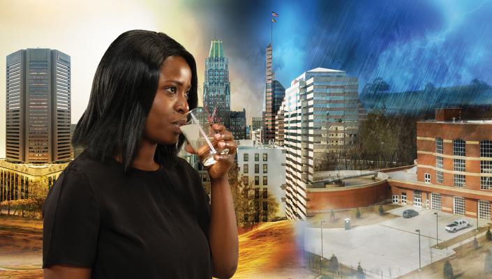 Woman drinking tap-water in front of rendered city-scape illustrating the effects of drought and deluges