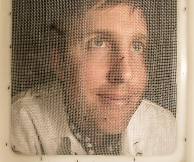 Conor McMeniman looks through a screen at mosquitoes