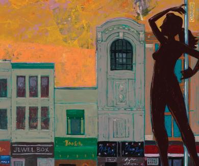 illustration of two women in silhouette dancing the poles, against a city streetscape