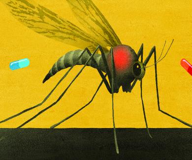 illustration of 2 scientists, each sling-shotting pills at a mosquito from opposite sides