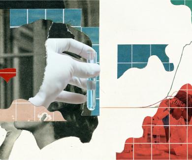 abstract image with gloved hand, test tube, and charts