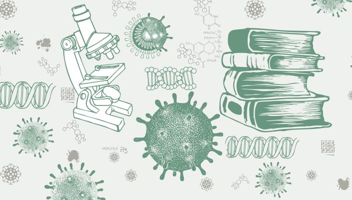 Illustration of coronavirus, microscope, DNA, books