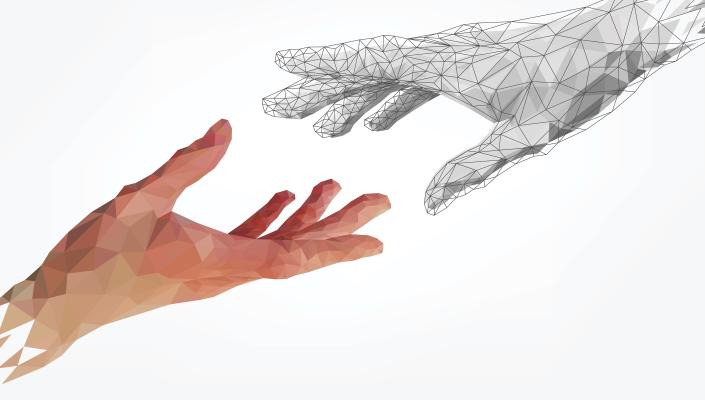 Two hands reach out to each other. One is human and the other is created by artificial intelligence.