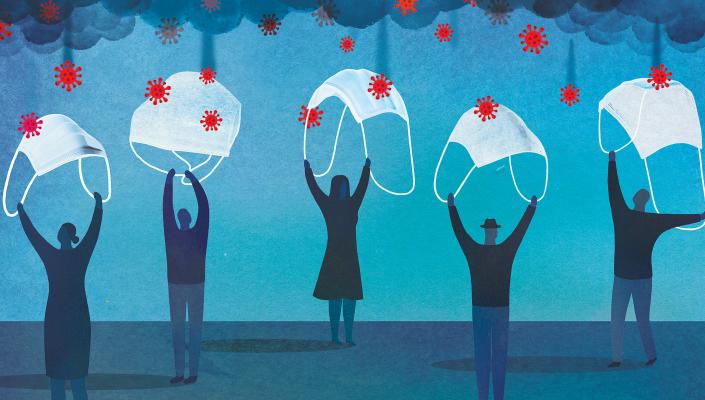An illustration of a group of figures using face masks as umbrellas to fend off virus particles.