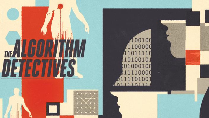 A graphic design collage of silhouettes with colorful shapes, binary code, and the words "The Algorithm Detectives."