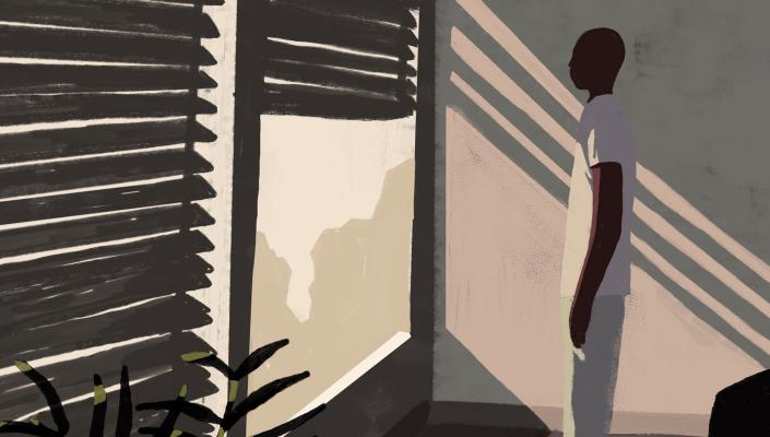 stylized illustration of black man staring out a window