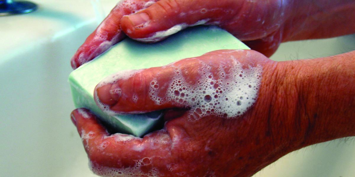 close-up of two lathered hands with a bar of green soap