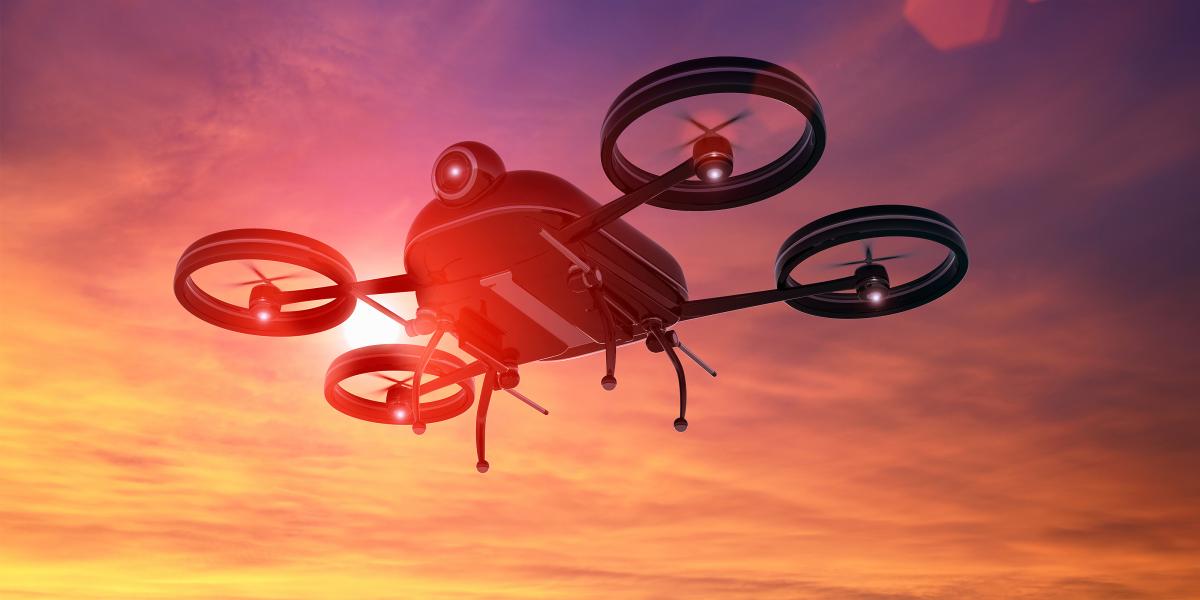 illustration of a drone flying against a sunset sky