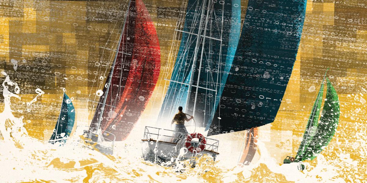 A figure steers a sailboat through an ocean of binary code.