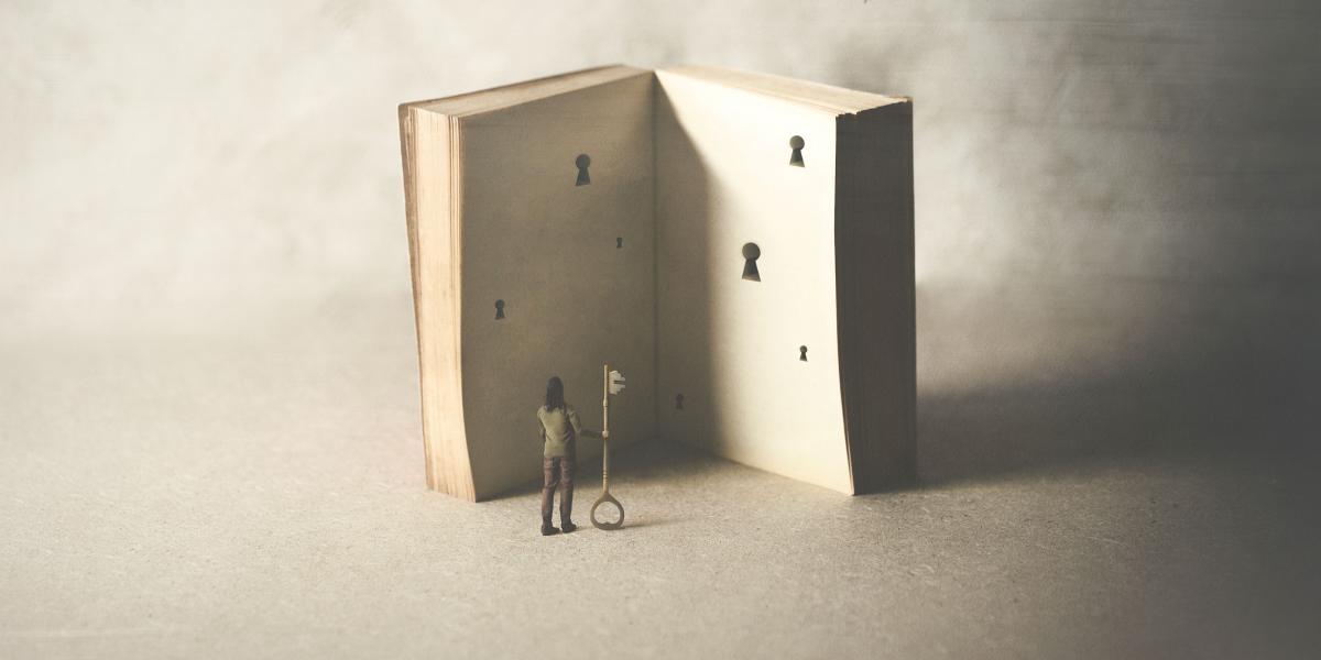Illustration of woman with a key standing in front of an open book with keyholes