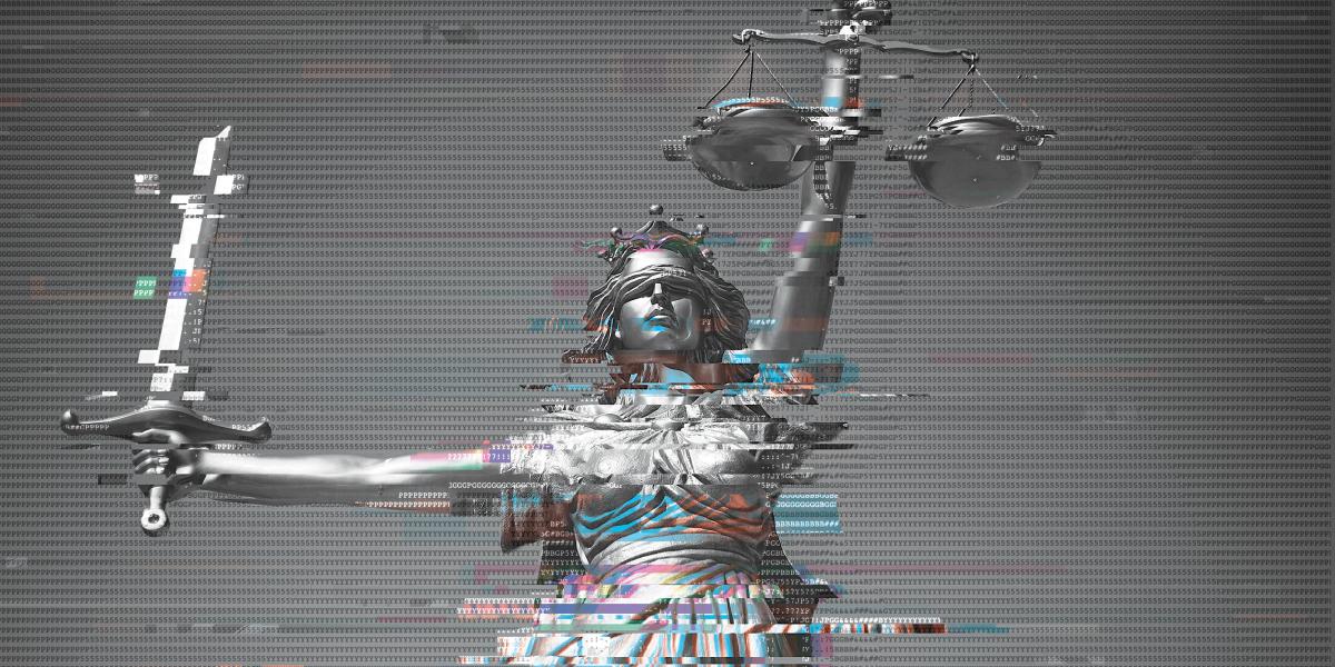 An image of a statue of holding a set of scales in one hand and a sword in the other, overlaid with a computer code.