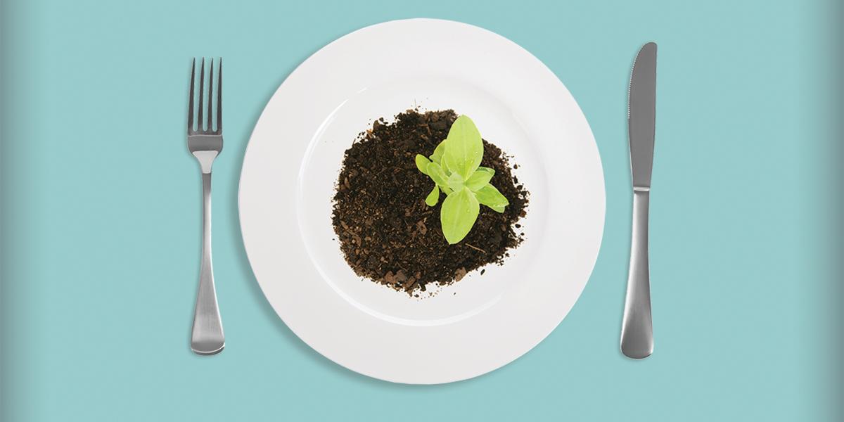 A place setting of a fork, knife and plate. The plate has a plant growing out of it.