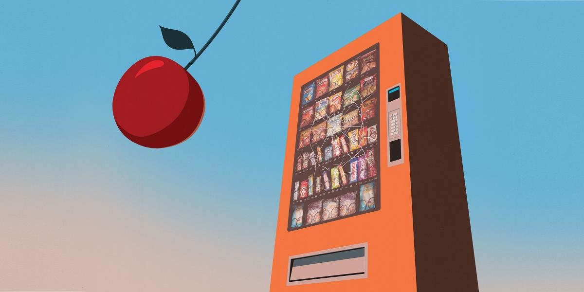 Cherry swinging in front of a vending machine