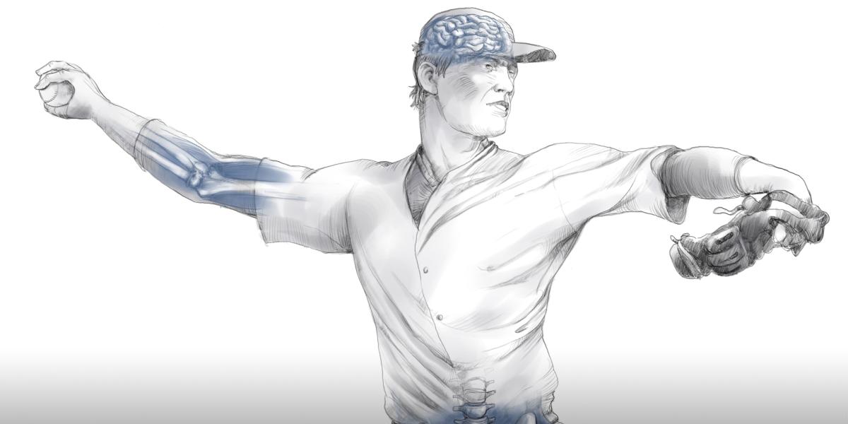 Illustration of a baseball player with his arm extended to throw the ball