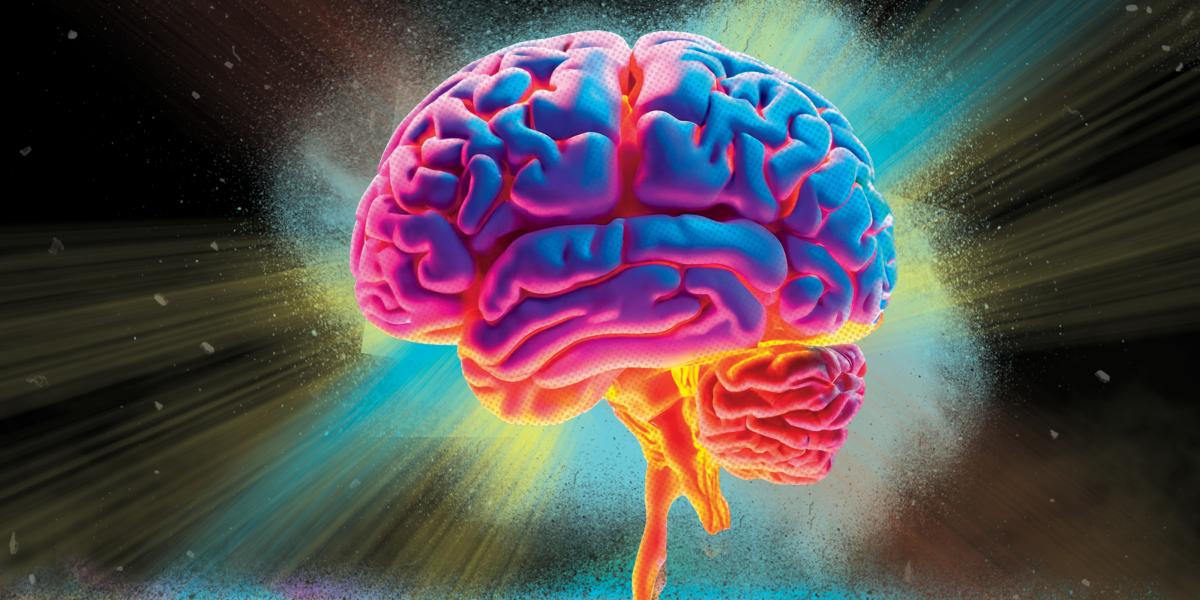 A colorful, glowing brain on a dark background.
