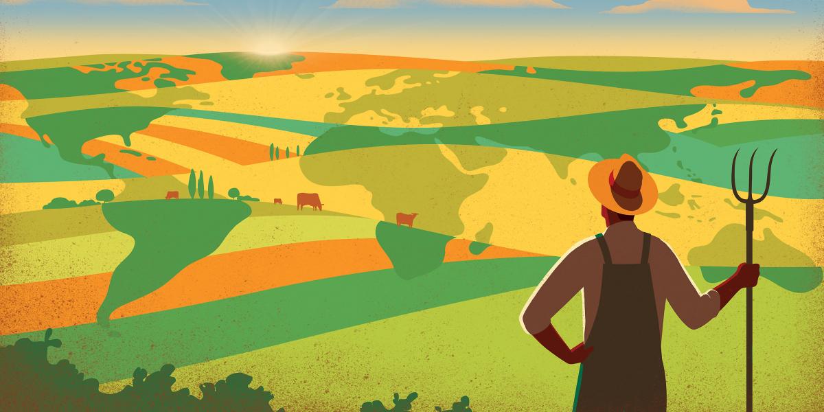 Illustrated image of farmer overlooking fields with world maps superimposed
