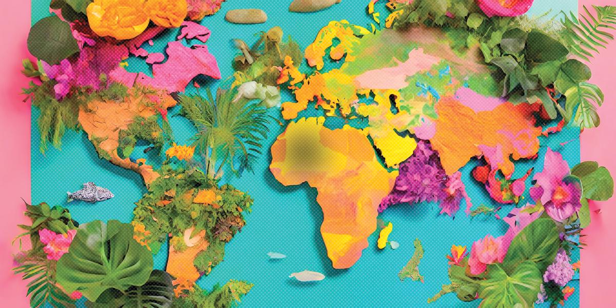 A brightly colored map of the world, covered in plants and flowers.