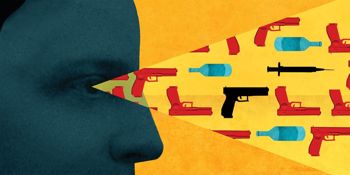 illustration of face in silhouette; the field of vision is portrayed as a beam, which is filled with guns, syringes, and bottles