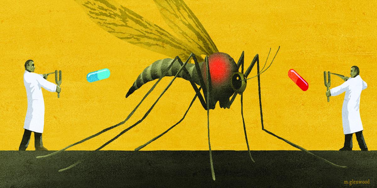 illustration of 2 scientists, each sling-shotting pills at a mosquito from opposite sides