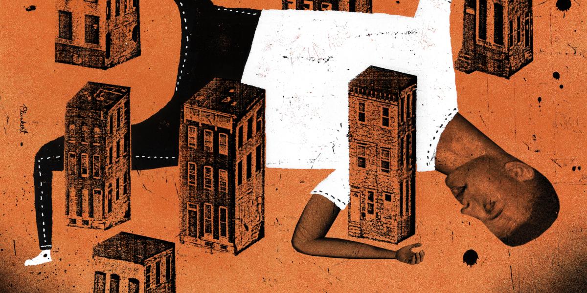 An illustration of a body laying in between scattered buildings.