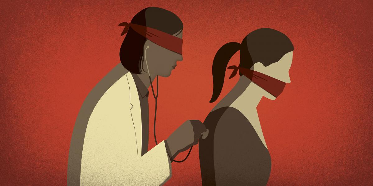 Illustration of blindfolded female doctor examining a gagged female patient