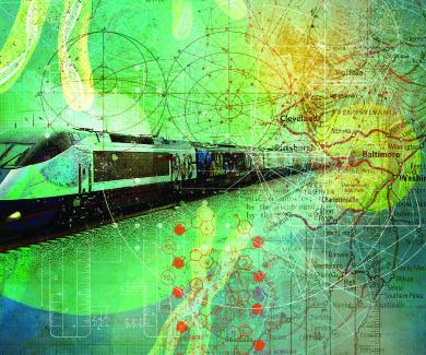 illustration of an Acela train against a background of a map that gradually becomes a medical diagram