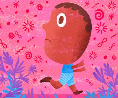 Illustration of young boy running from viruses and bacteria