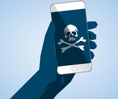 Illustration of smart phone with poison skull and cross bones symbol on screen