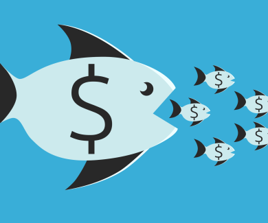 Illustration of a large fish with a dollar sign on its side about to consume a school of smaller fish with dollar signs on their sides