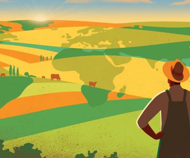 Illustrated image of farmer overlooking fields with world maps superimposed