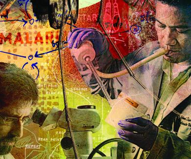 photo illustration of scientists, mosquitoes, and lab equipment