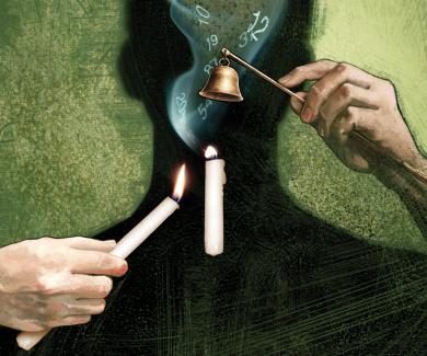 An illustration of a floating candle. One person is trying to keep the flame lit while the other is trying to snuff it out.