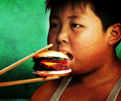 illustration of a young Asian boy eating a burger with chopsticks