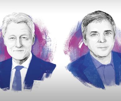 illustrated portraits of Bill Clinton and Caleb Alexander