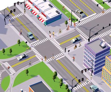 Illustration of city streets that makes use of Safe Systems safety measures.