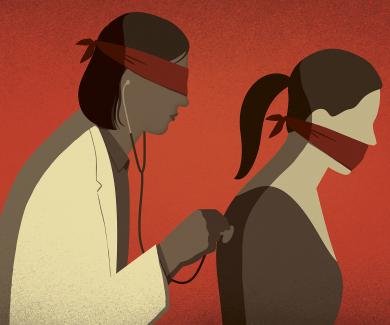 Illustration of blindfolded female doctor examining a gagged female patient